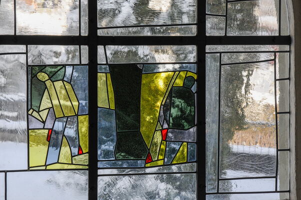 Stained glass windows by Swiss painter Willi Müller, church of Neuenegg, Switzerland