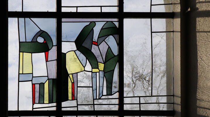 Stained glass windows by Swiss painter Willi Müller, church of Neuenegg, Switzerland