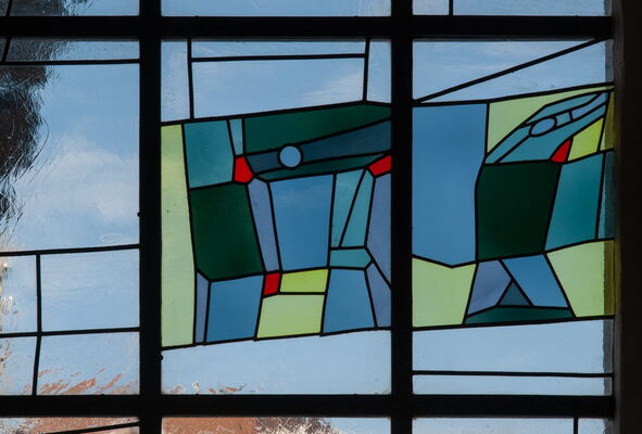 Stained glass windows by Swiss painter Willi Müller, church of Neuenegg, Switzerland