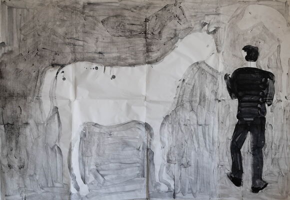 apokalyptischer Reiter, 2020, Kleisterfarbe auf Papier, 175x250