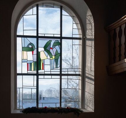 Stained glass windows by Swiss painter Willi Müller, church of Neuenegg, Switzerland