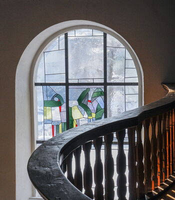 Stained glass windows by Swiss painter Willi Müller, church of Neuenegg, Switzerland